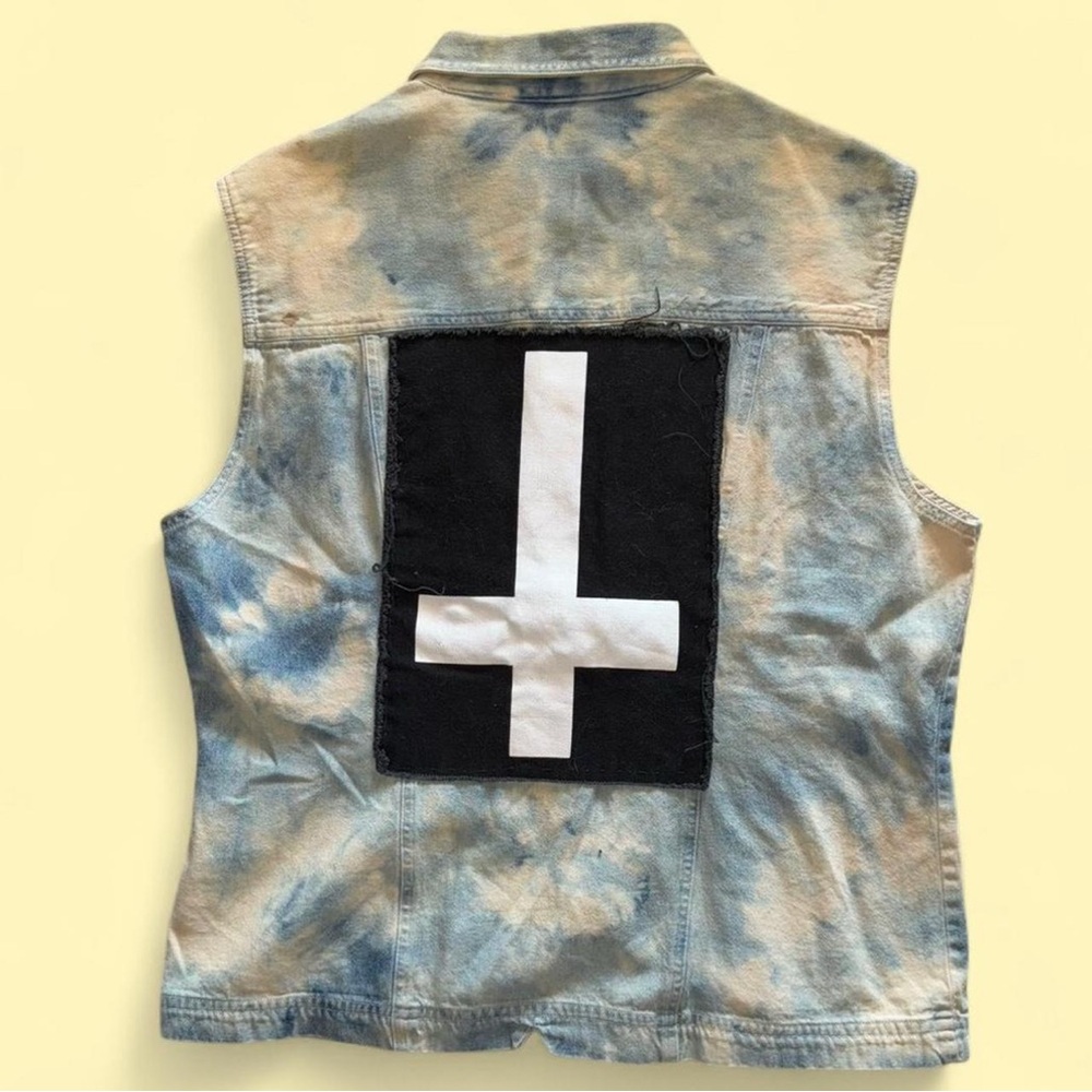 Tie-Dye Denim Vest with Cross Patch